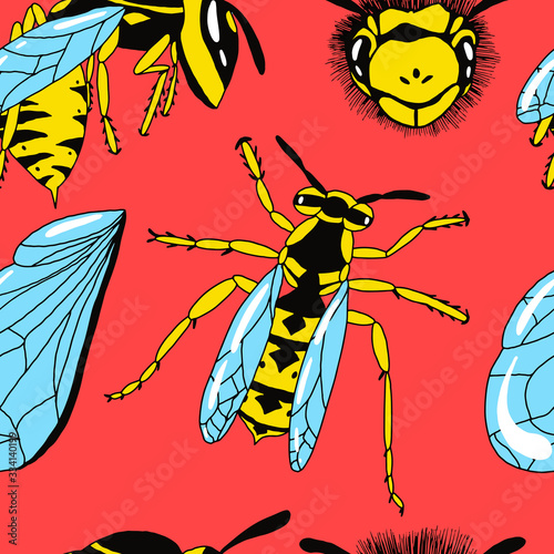 Seamless pattern with wasps on a red background. Abstract cute print with insects. Stock vector illustration.