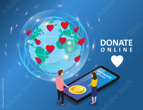 Donating online payments consept. Isometric smartphone tiny people woman man gold coin button and eath palnet background