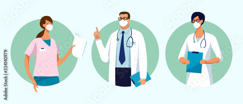 Set of male and female characters of doctors. Surgeons, doctors, nurses. Conceptual illustration, hospital medical team, poster. Vector template for design