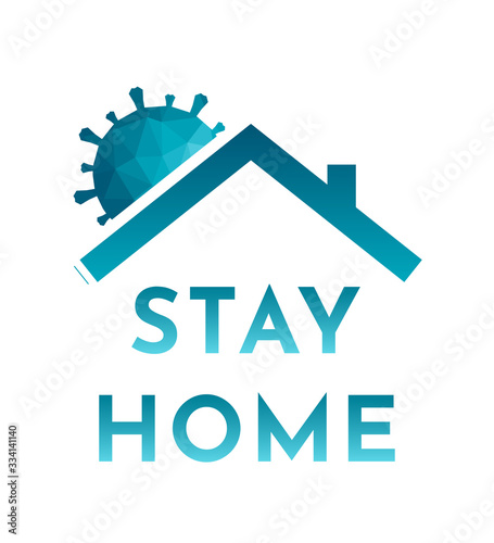 Vector illustration about self protection, isolation and quarantine. Stop pandemic of Coronavirus with text - Stay home. Blue polygonal virus shapes (COVID-19) is over roof of house.