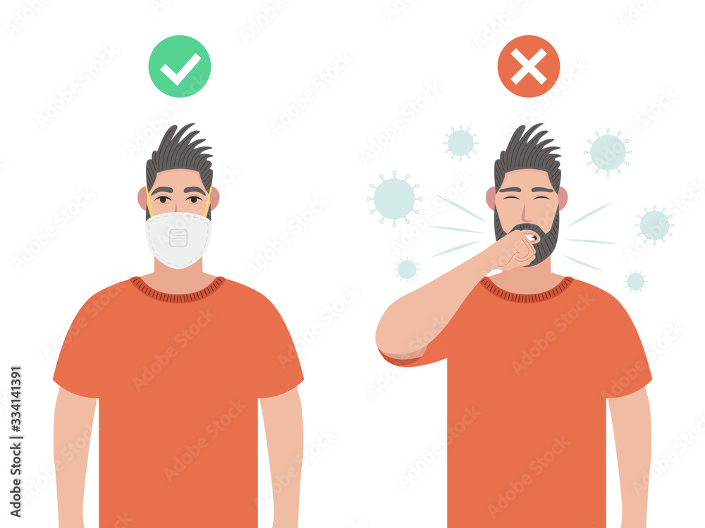 Two men. One with protective mask and one without. Concept about health, hygiene, hospitality, sickness, disease, protection, pollution and etc. Coronavirus prevention. Vector illustration.