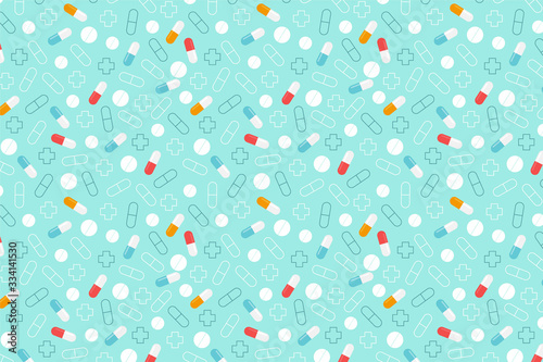 Yellow, red and white pills pattern. Blue medical background