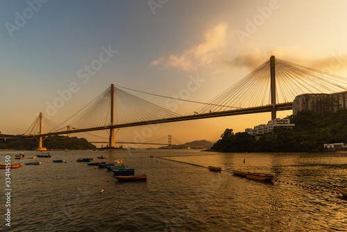 Ting Kau Bridge and Tsing Ma Bridge in Hong Kong under sunset