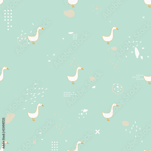 Seamless pattern. White cartoon geese on abstract turquoise background with dots, lines and round shapes around.