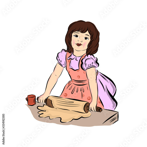 Girl baker rolls dough on table with wooden rolling pin. Cook girl dressed in apron.  