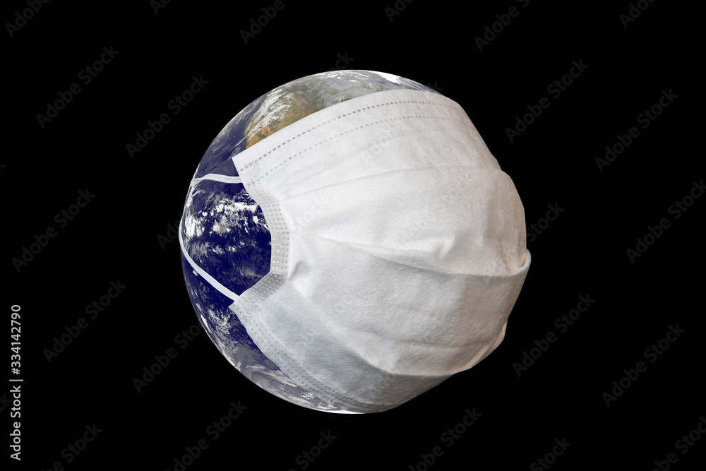 Planet Earth with face mask protect on dark. Elements of this image furnished by NASA Planet Earth with face mask protect on dark. Elements of this image furnished by NASA