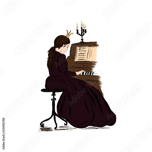 Princess plays the piano. Young musician. Pianist in ball gown. 