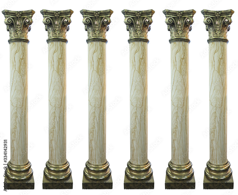 Fototapeta premium Row of golden top and bottom decorated greek columns isolated over white