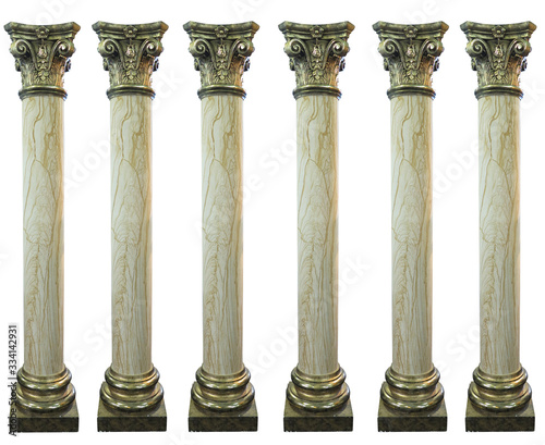 Row of golden top and bottom decorated greek columns isolated over white