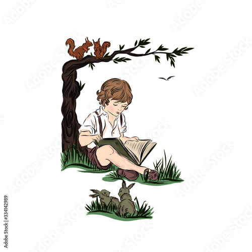 Boy reads book while sitting under tree on the ground in park. Squirrels  sitting on branch and two hares standing next to clearing. 