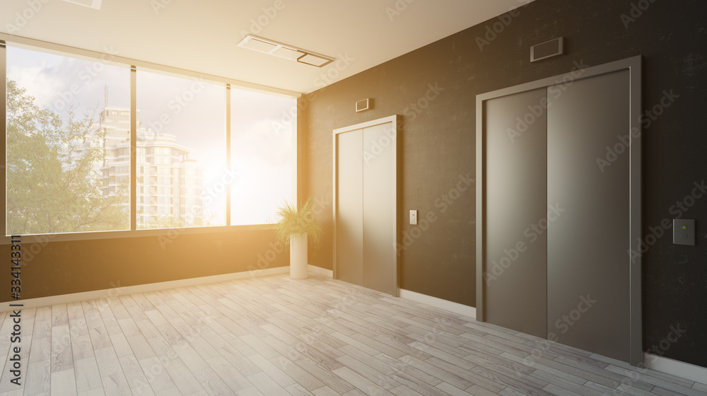 Fototapeta premium lobby with a large window. Reception in the business center. elevator doors. decorative dark walls.. 3D rendering. Sunset