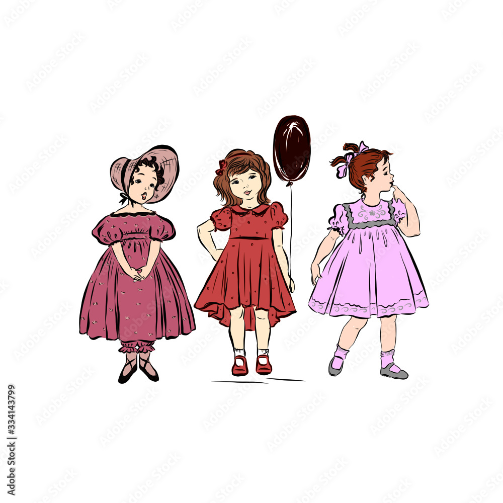 Three girls dressed in pink dresses standing together. Child holds dark red balloon. Three girls dressed in pink dresses standing together. Child holds dark red balloon.