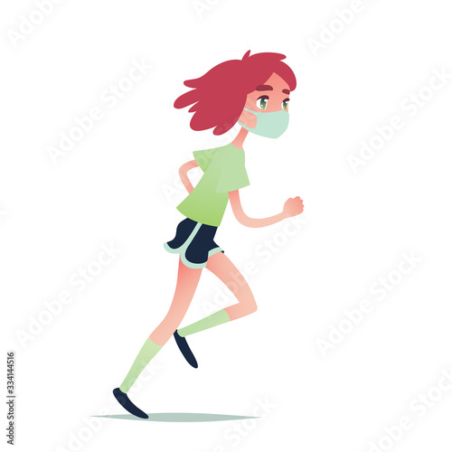 Masked girl runs. Vector illustration of young redhead girl runner in medical mask joggs while coronavirus pandemic. Flat cartoon style. Covid-19 epidemic concept. Wear facial tissue and take care.