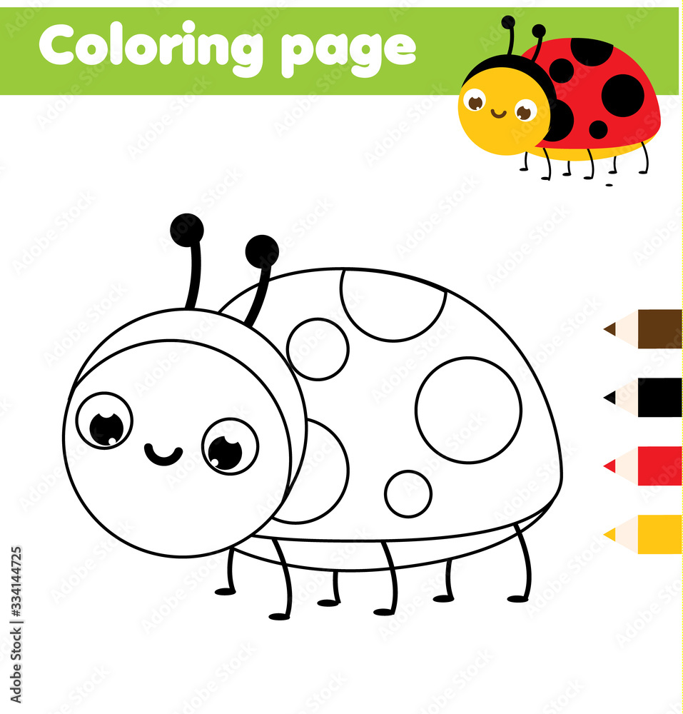 Coloring page with cartoon ladybug. Drawing kids activity. Printable ...