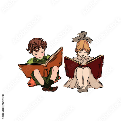 Boy and girl read books. 