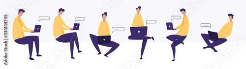 set of people use laptope. working at home. freelancer. young man, student in different poses. vector illustration. isolated in white background. modern flat cartoon characters.