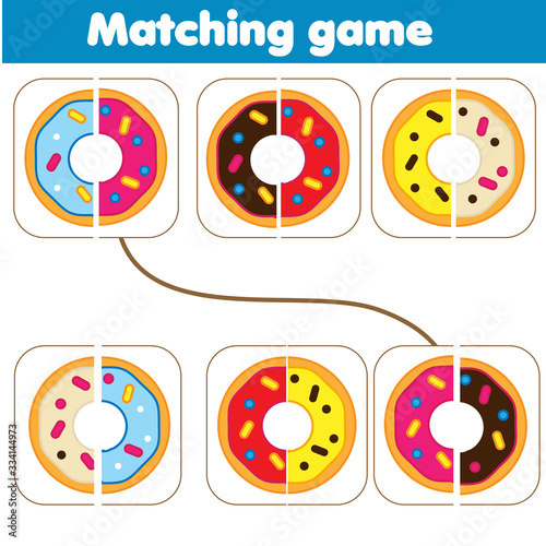Matching children educational game. Match parts of donuts. Learning symmetry for kids and toddlers