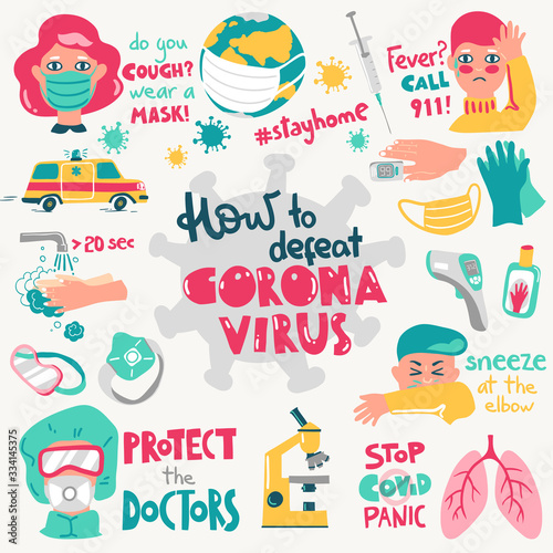 How to defeat coronavirus. Symptoms, equipment and concepts. lettering compositions. COVID-2019 pandemic.