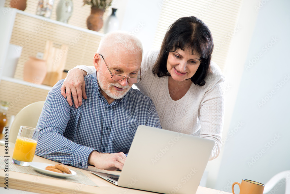 Happy elderly couple shop online together