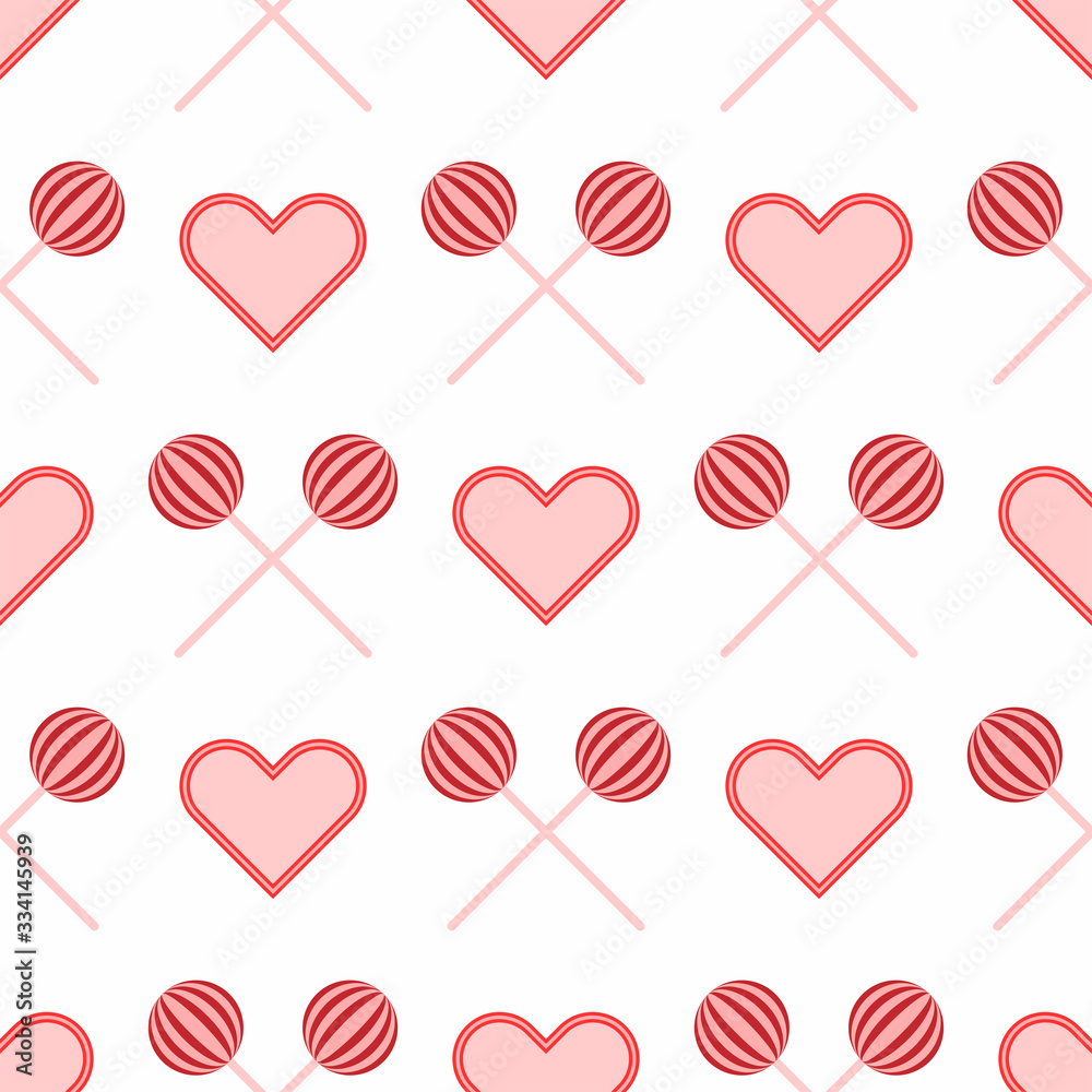 Seamless pattern with repeating lollipops and hearts. Cute girly print. Vector illustration.
