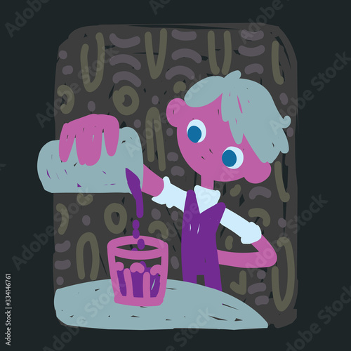Aquarius. Funny zodiac sign. Colorful vector illustration of barman pours a drink in hand-drawn sketch style on dark background. Zodiacal character. Element for your design, prediction, horoscope.