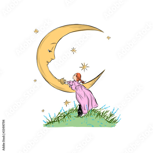 Girl dressed in nightgown talking to the moon holding hands. Black cat sit beside to her. Children's dream. 