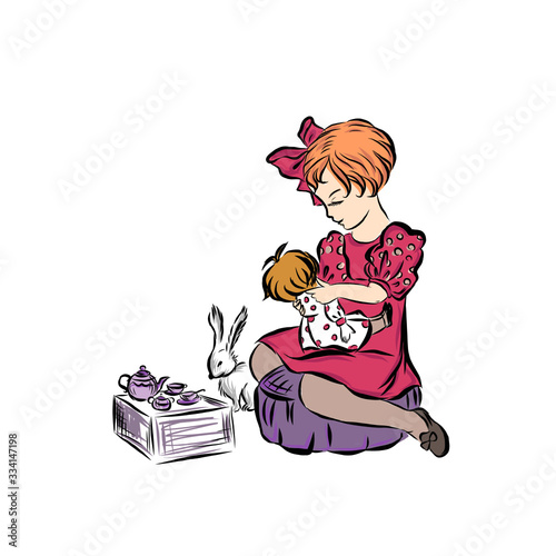 Girl plays in tea party for doll and rabbit. Children's games. 