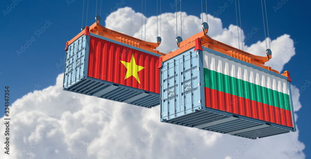 Shipping containers with Bulgaria and Vietnam flag. 3D Rendering 