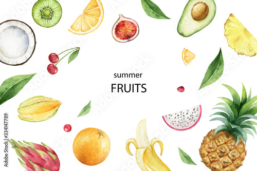 Watercolor vector hand painted card of exotic fruits.