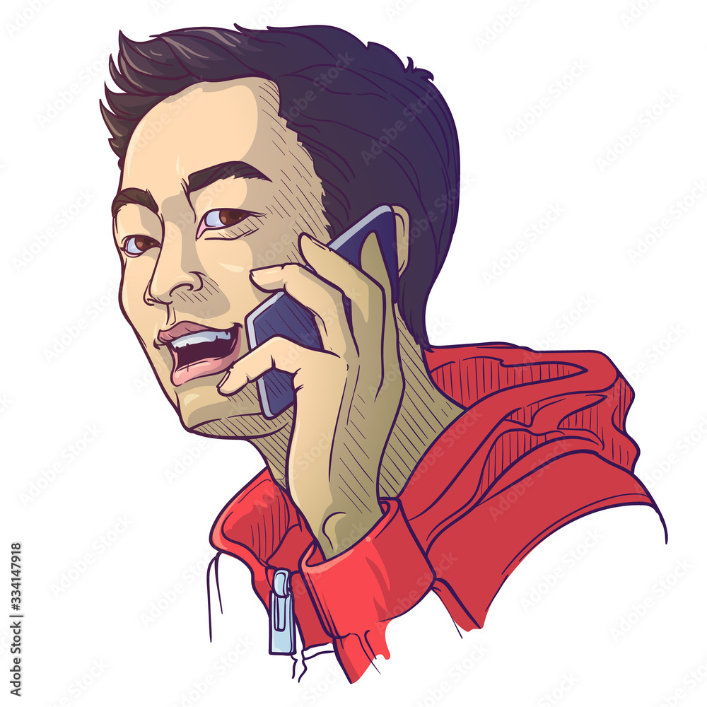Fototapeta premium Asian man speaking on the phone. Painted sketch, isolated on a white background. EPS10 vector illustration