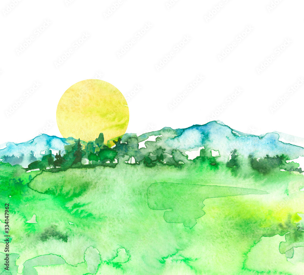 Watercolor picture of mountains, forest with pine trees, fir, cedar. Yellow sun, sunset. On a white background. Postcard, picture, poster, logo. Country forest landscape, pasture