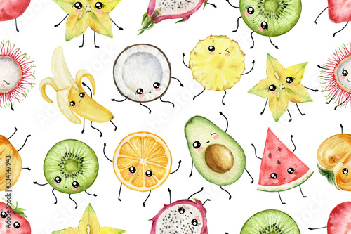 Obraz na płótnie Watercolor vector seamless pattern cartoon fruit.