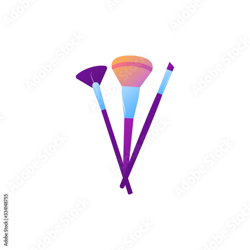 Various make-up brushes in gradient color style. Cartoon cosmetic product element template, isolated on white background. Tassel for powder, highlighter and eyebrow shadow. Flat vector illustration