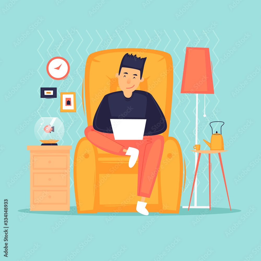 Work at home, distant work, freelance, quarantine, a man with a laptop sitting on a chair working. Flat design vector illustration.	