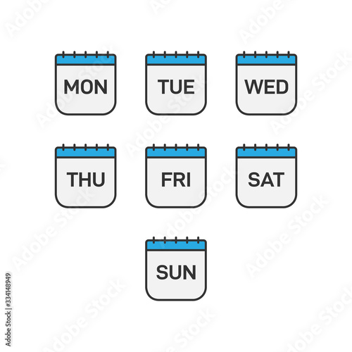 Days of the week icon set. Daily calendar flat design isolated on white background. Vector illustration