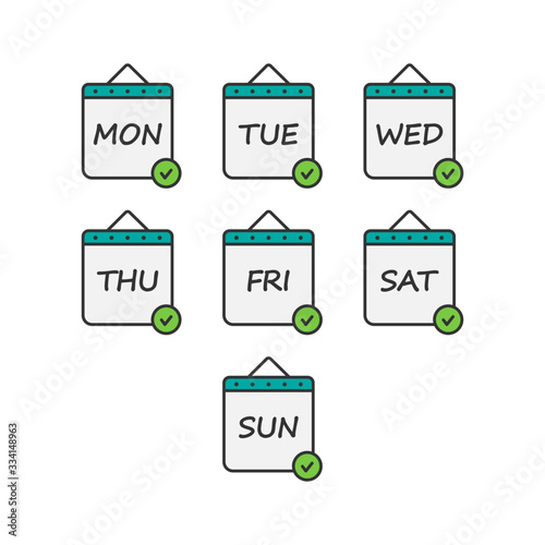Days of the week icon set. Daily calendar flat design isolated on white background. Vector illustration