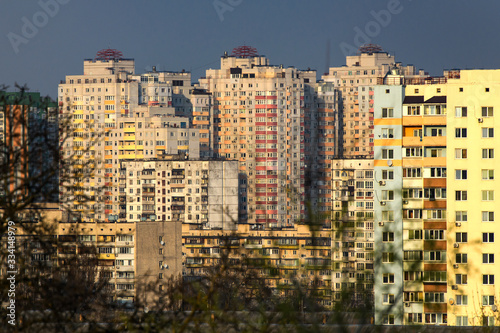 View to Kyiv district with high-rise multi-apartment buildings. Kyiv, Ukraine. March 2020