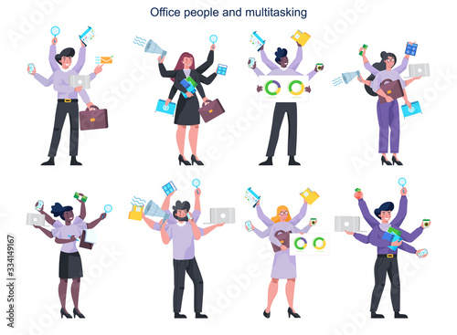 Multitasking business people with many hands set. Effective
