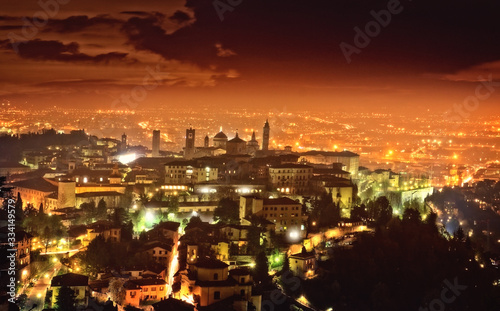 View of Citta Alta in Bergamo at evening