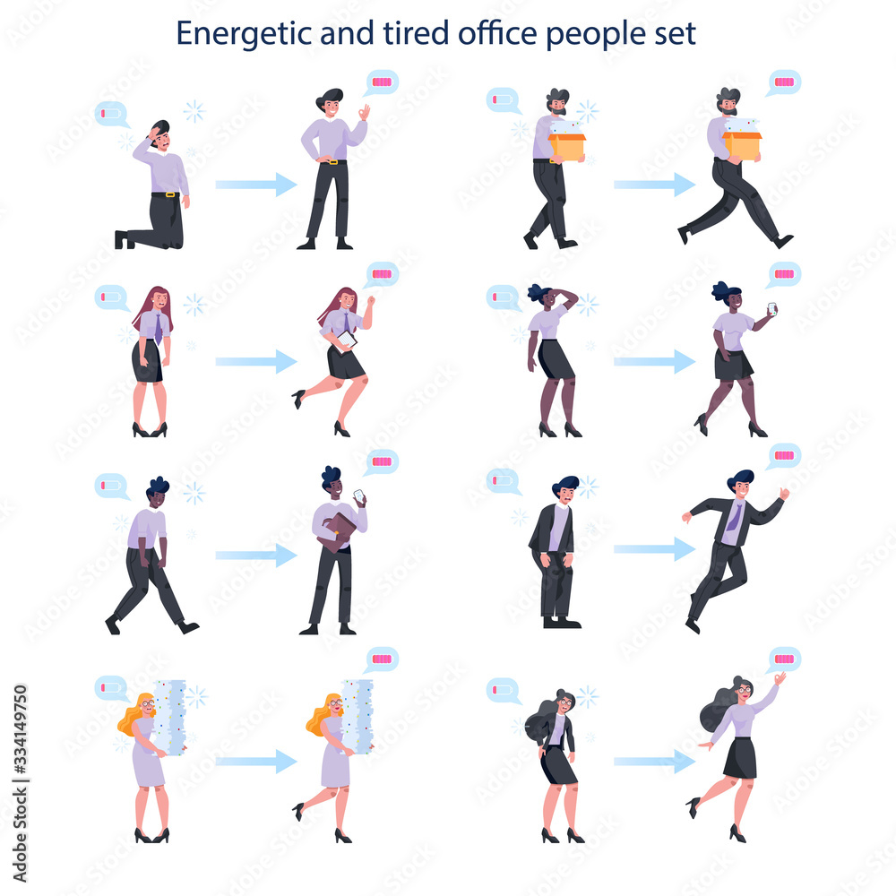 Energetic and exhausted business man and woman set. Tired and full