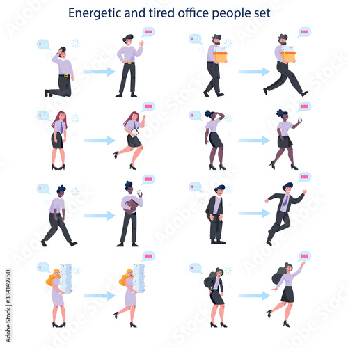 Energetic and exhausted business man and woman set. Tired and full