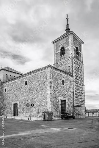 Tower of the Church of Santiago Apostol, in Noblejas, Spain. Built in the 17th century in Herrerian style.