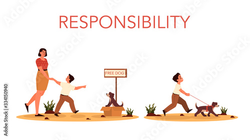 Rersponsibility concept. Mom let her son adopt the dog.