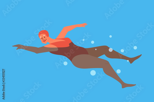 Old woman in swimming pool. Elderly character have an active