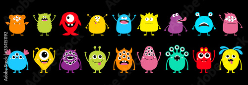 Monster set line. Cute kawaii cartoon colorful funny scary character icon. Happy Halloween. Eyes, horns, hands, tongue, fang teeth . Funny baby collection. Flat design. Black background Isolated.