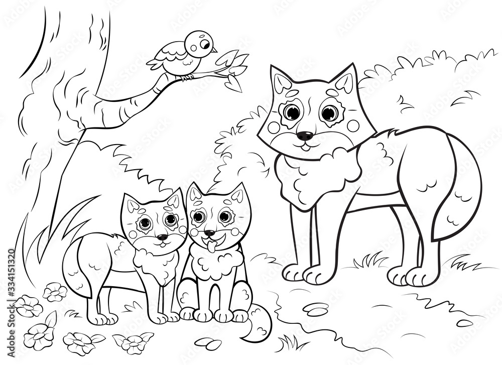 Coloring page outline of cute cartoon wolf family with little cubs. Vector image with forest background. Coloring book of forest wild animals for kids