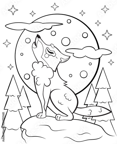 Photography Coloring page outline of cute cartoon wolf howling at the moon