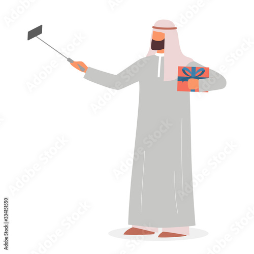 Muslim man taking selfie set. Arabic character taking photo