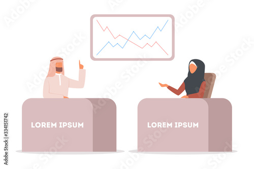 Arabic TV news, woman and man reporting breaking news