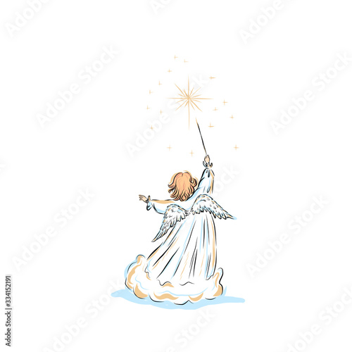 Baby angel with Magic wand.  Biblical heavenly symbol of man with wings. Decor for greeting retro cards for Christmas, Easter and other religious holidays. Illustration for fairytale.
